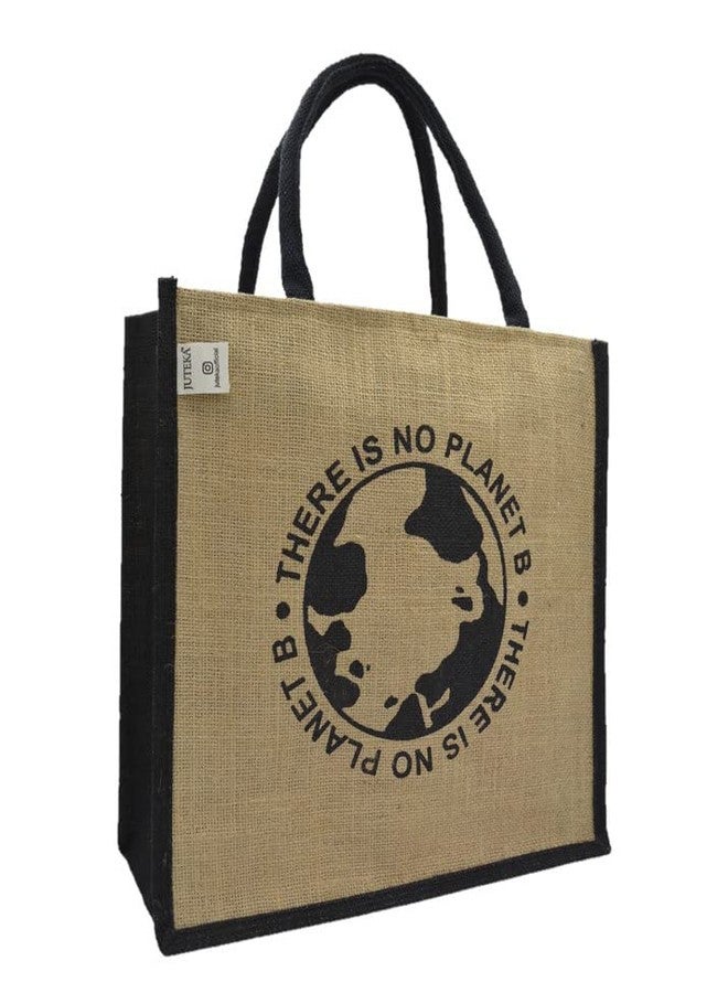 JUTEKA Black and Natural printed Jute Bag for Lunch, Office, Grocery, Picnic, Tiffin, Shopping Hand Bag with padded cotton handles - Image 2